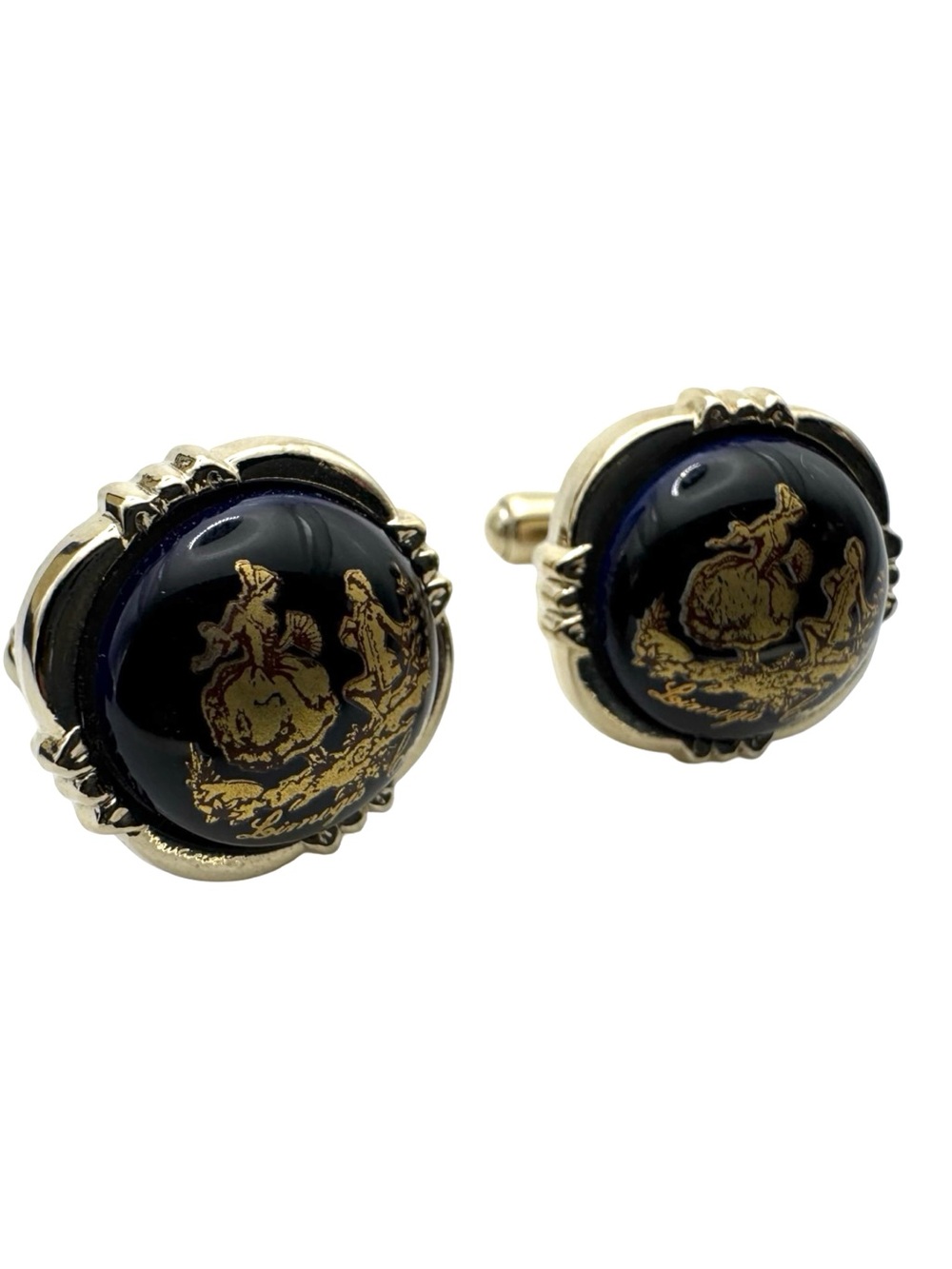 Vintage Limoges Castel France Cufflinks Fragonard Cobalt Blue Gold